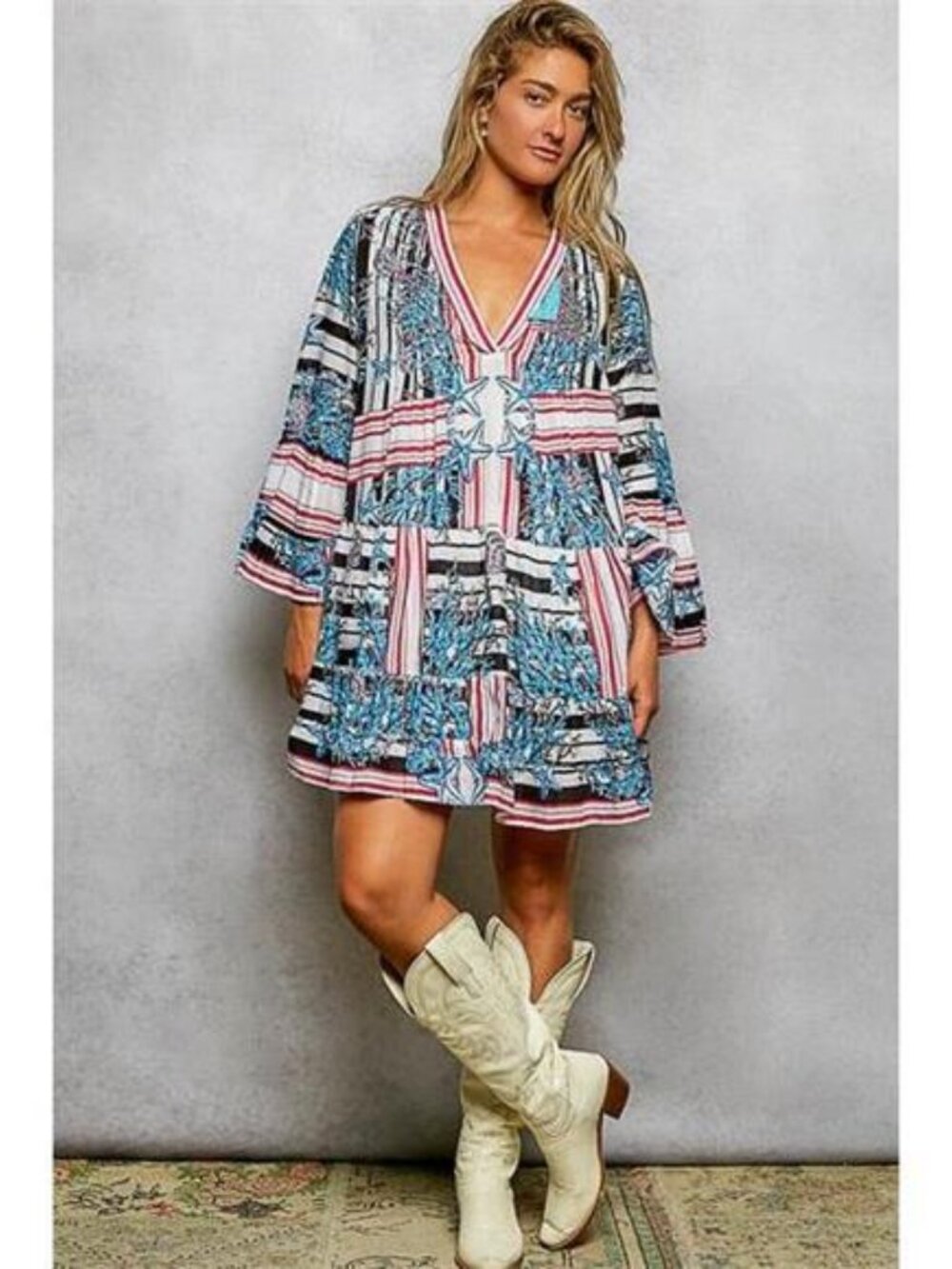 POL Striped Floral Long Sleeve Mini Dress with Pintuck Detail - Picture 7 of 7